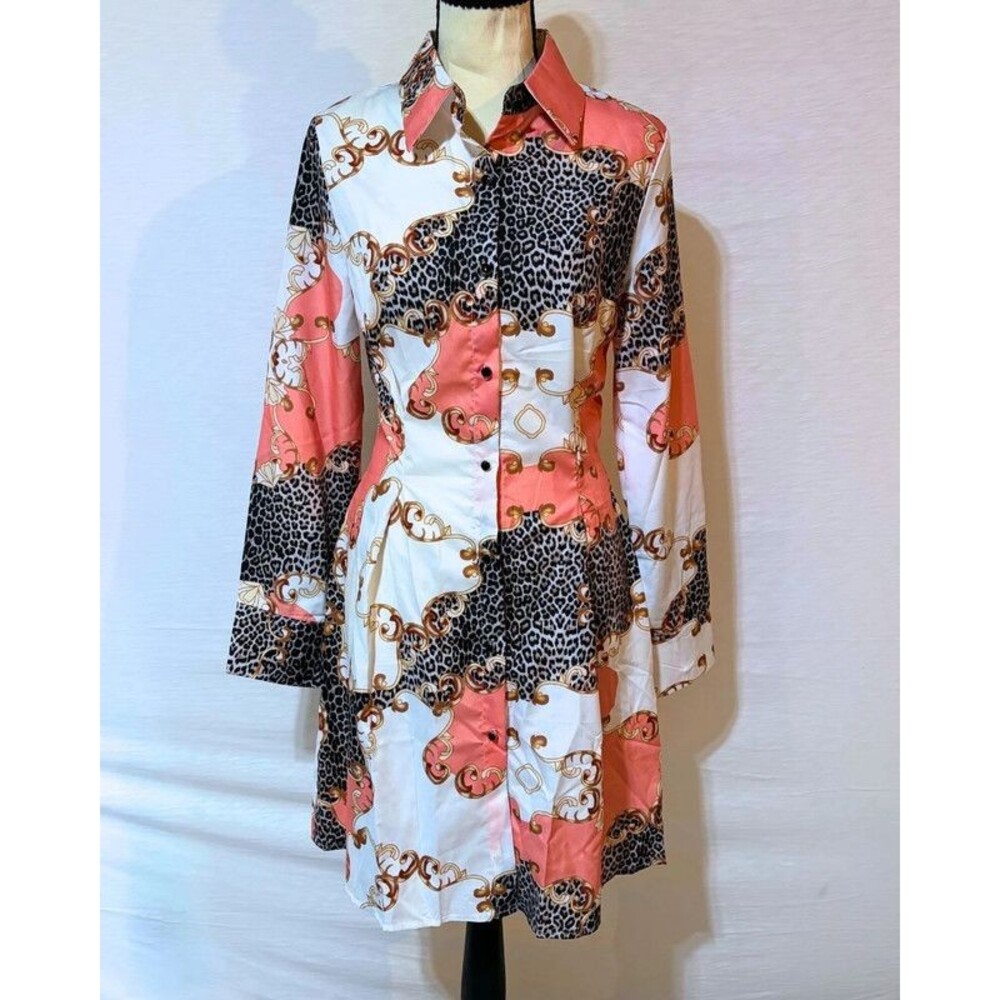 ChicMe Coral Leopard Chain Print Button Tunic Shirt Size S Long Blouse Top